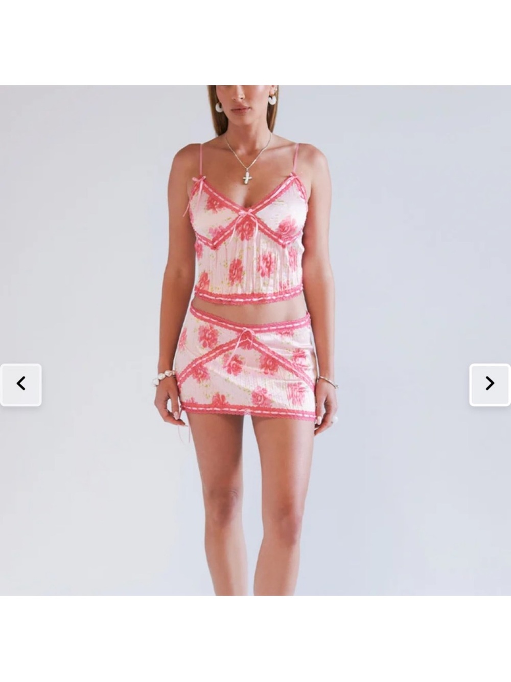 Frankie's Bikinis Pink and White Floral Lace Chemise Set
